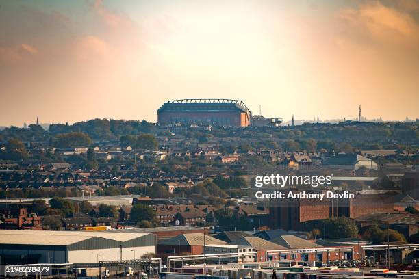 Anfield football stadium, home of Liverpool football club is seen on the horizon of the Liverpool skyline on October 23, 2019 in Liverpool, England.