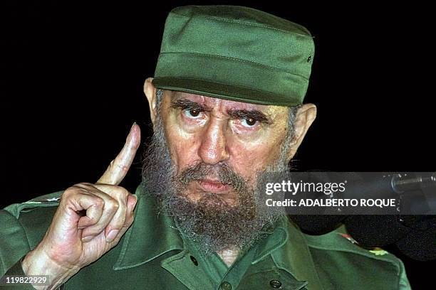 Cuban President Fidel Castro speaks 03 August 1999 in Matanzas, Cuba, on the 46th anniversary of the assault on the Moncada Barracks by Castro's...