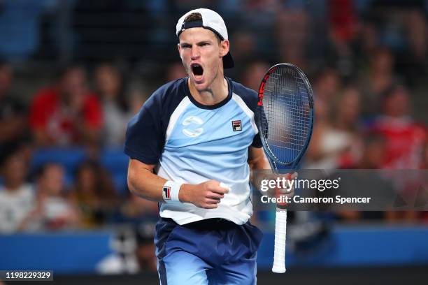 Diego Schwartzman of Argentina celebrates winning a point during his Group E singles match against Borna Coric of Croatia during day six of the 2020...