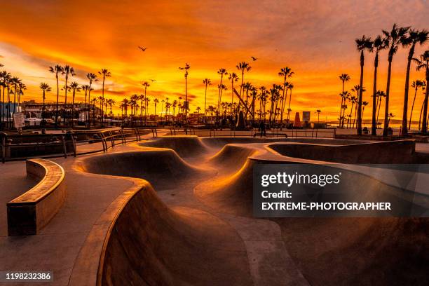 golden ehour shot of skate park at venice beach, los angeles, california - skatepark stock-fotos und bilder