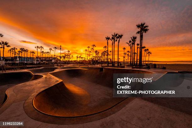 venice beach skate park shot at golden hour, los angeles, california - skateboard park stock pictures, royalty-free photos & images