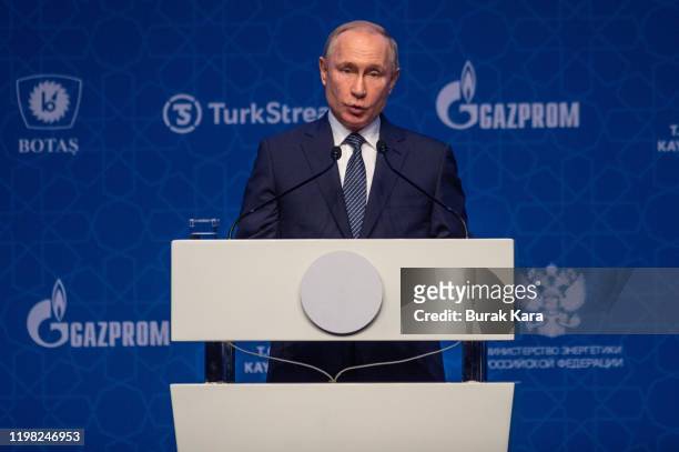 Russian President Vladimir Putin talks onstage at the opening ceremony of the Turkstream Gas Pipeline Project on January 08, 2020 in Istanbul,...