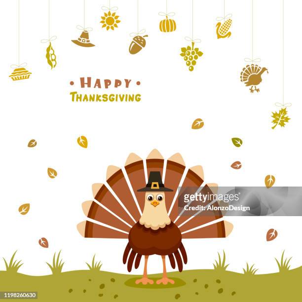 turkey pilgrim. - cartoon thanksgiving stock illustrations