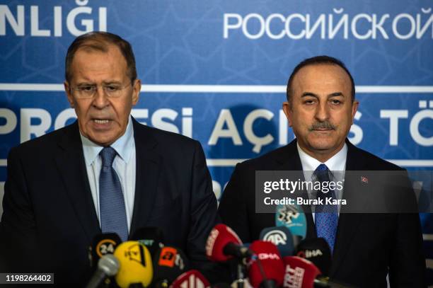 Russian Foreign Minister Sergey Lavrov and Turkish Foreign minister Mevlut Cavusoglu speak during a press conference following the opening ceremony...