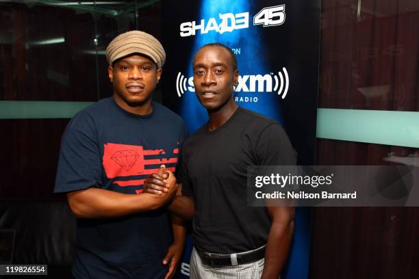 Sway Calloway and actor Don Cheadle visit "Sway in the morning" on Eminem's Shade 45 Channel in SiriusXM's studio on July 25, 2011 in New York City.