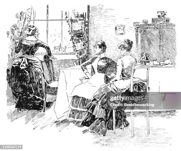 three women having a gossip chat with one looking through the window - looking out a window stock illustrations