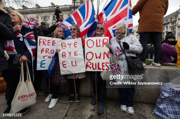 Pro-Brexit supporters gather in Parliament Square to celebrate Brexit day on 31 January, 2020 in London, England. Today, Britain formally leaves the...
