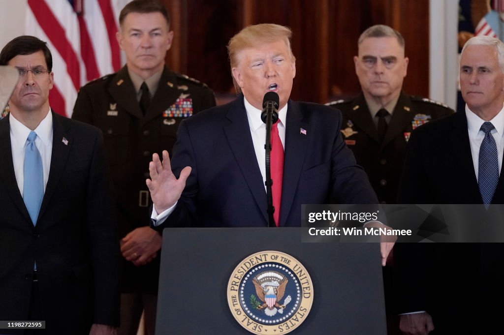 President Trump Addresses The Nation After Iranian Attacks In Iraq Target Bases Where U.S. Troops Stationed