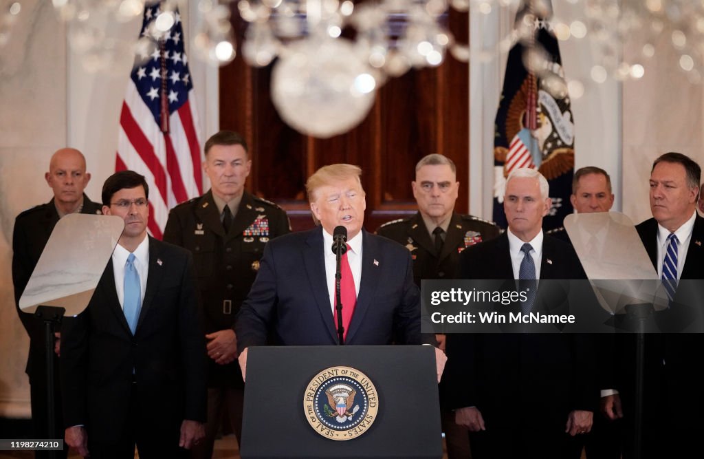 President Trump Addresses The Nation After Iranian Attacks In Iraq Target Bases Where U.S. Troops Stationed