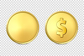 Vector 3d Realistic Golden Metal Coin Icon Set, Blank and with Dollar Sign, Closeup Isolated on Transparent Background. Design Template, Clipart of Gold Money, Currency. Financial Concept. Front View
