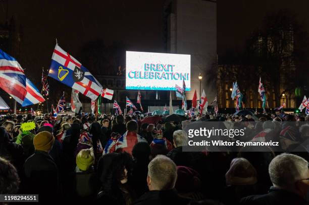 Thousands of pro-Brexit supporters take part in a rally celebrating Britain's departure from the EU in Parliament Square on 31 January, 2020 in...