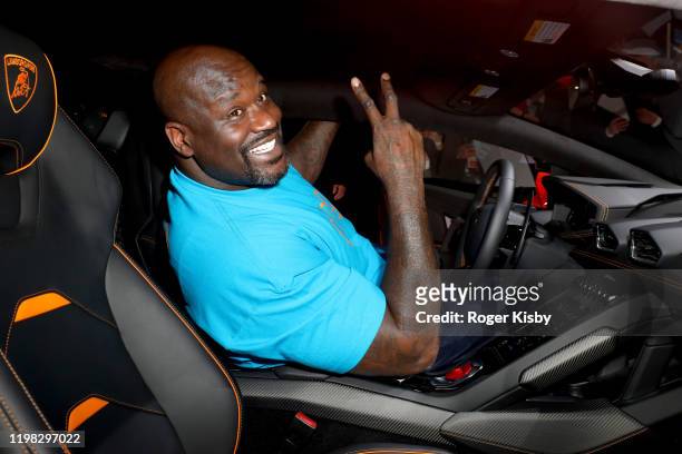Shaquille O'Neal demos Amazon Alexa in the Lamborghini Huracan Evo during the Amazon After Hours during CES 2020 at The Venetian Las Vegas on January...