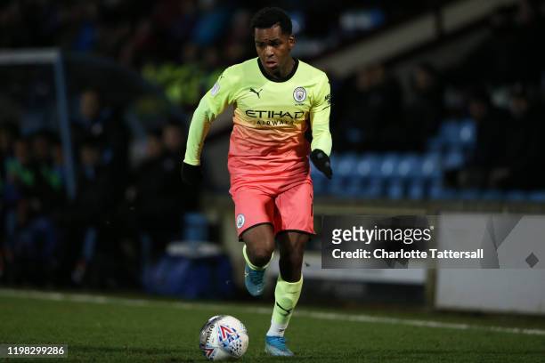 Jayden Braaf of Manchester City on the ball during the Leasing.com Trophy third round tie between Scunthorpe United and Manchester City U21's at...
