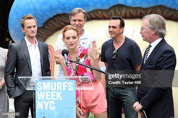 Actress Jayma Mays, pictured with Neil Patrick Harris, director Raja Gosnell, Hank Azaria, and NYC & Co CEO George Fertitta, speaks during the New...