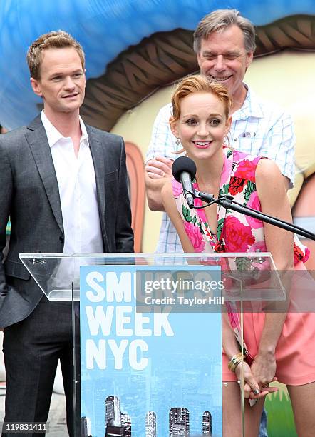 Neil Patrick Harris, Jayma Mays, and director Raja Gosnell attend the New York Smurf Week kick off ceremony at Smurfs Village at Merchant's Gate,...