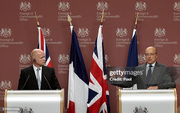 British Foreign, Secretary William Hague and French Minister of Foreign and European Affairs, Alain Juppe address the media during their joint press...