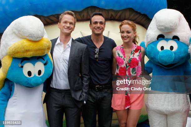 Actors Neil Patrick Harris, Hank Azaria, and Jayma Mays attend the New York Smurf Week kick off ceremony at Smurfs Village at Merchant's Gate,...