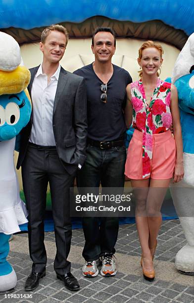 Actors Neil Patrick Harris, Hank Azaria, and Jayma Mays attend the New York Smurf Week kick off ceremony at Smurfs Village at Merchant's Gate,...
