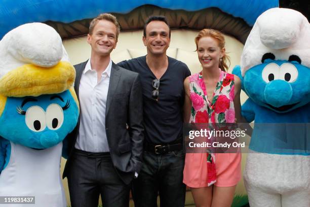 Actors Neil Patrick Harris, Hank Azaria, and Jayma Mays attend the New York Smurf Week kick off ceremony at Smurfs Village at Merchant's Gate,...