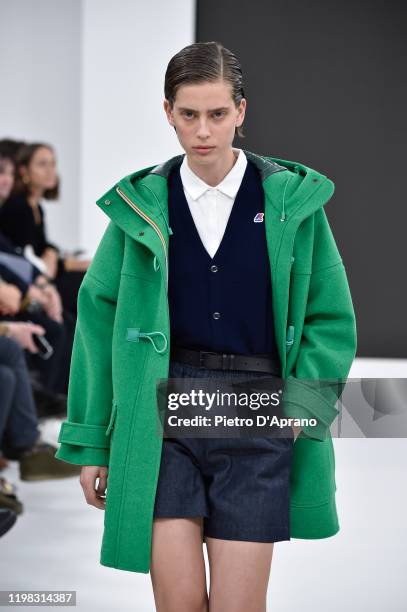 Model walks the runway at the K-Way fashion show during Pitti Immagine Uomo 97 at Fortezza Da Basso on January 08, 2020 in Florence, Italy.