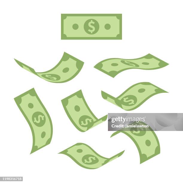 falling american usd dollar bills in various positions isolated on white background - bill stock illustrations