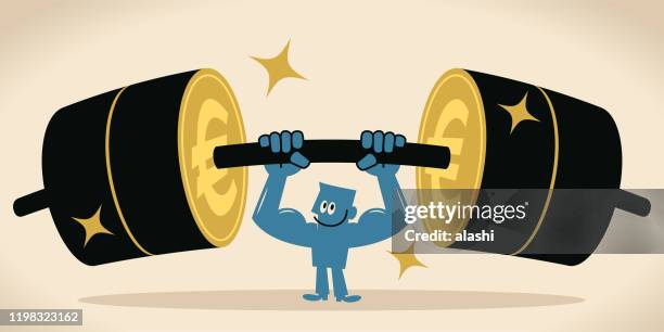 geschäftsmann mit starken armen gewichtheben (lifting up) euro-zeichen (europäische union währung) - e sport stock-grafiken, -clipart, -cartoons und -symbole