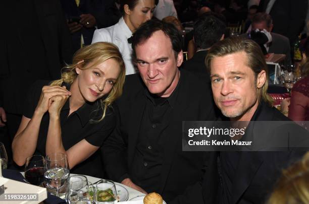 Uma Thurman, Quentin Tarantino and Brad Pitt attend The National Board of Review Annual Awards Gala at Cipriani 42nd Street on January 08, 2020 in...