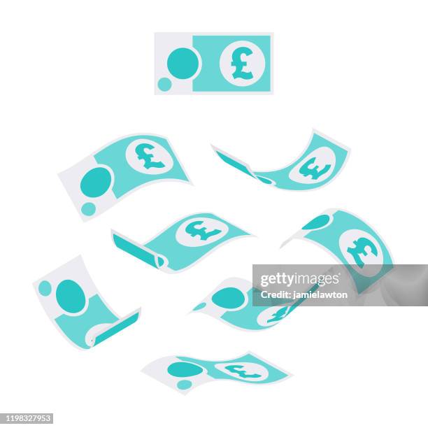 falling british gbp five pound notes in various positions isolated on white background - british pound note stock illustrations