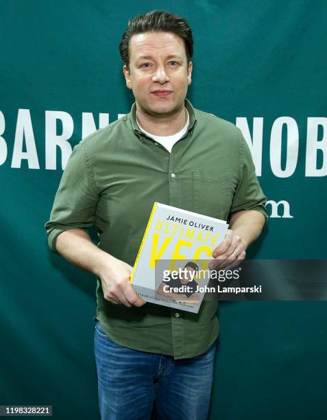Chef Jamie Oliver poses for photos during a book signing event for his new book "Ultimate Veg" at Barnes & Noble Union Square on January 08, 2020 in...
