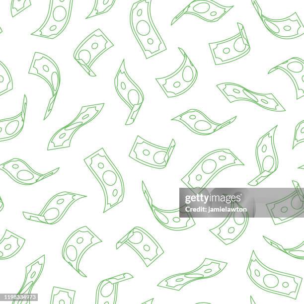 stockillustraties, clipart, cartoons en iconen met vallende amerikaanse dollar bills naadloze patroon op witte achtergrond - geld