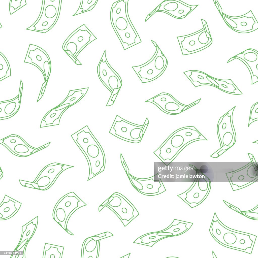 Falling American Dollar Bills Seamless Pattern on White Background