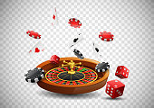 Casino roulette wheel with chips poker, playing cards and red dice on isolated transparent background