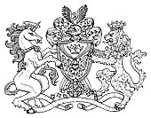 Heraldic emblem with unicorn and fairy lion beast on white, line art.