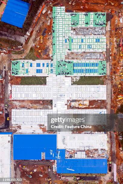 An aerial view of the construction site of Huoshenshan Hospital in Wuhan in central China's Hubei province Sunday, Feb. 02, 2020. The construction of...