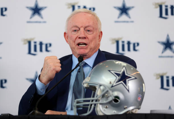 Team owner Jerry Jones of the Dallas Cowboys talks with the media during a press conference at the Ford Center at The Star on January 08, 2020 in...