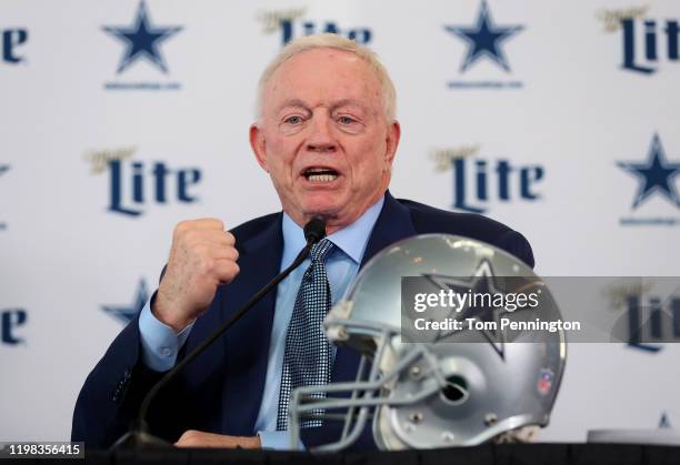 Team owner Jerry Jones of the Dallas Cowboys talks with the media during a press conference at the Ford Center at The Star on January 08, 2020 in...