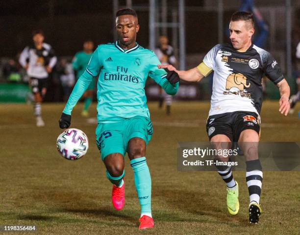Vinicius Junior of Real Madrid controls the ball during the Copa del Rey round of 32 match between Unionistas CF and Real Madrid CF at stadium of Las...
