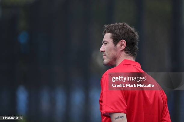 Marat Safin of Team Russia looks on during a practice session during day seven of the 2020 ATP Cup at Ken Rosewall Arena on January 09, 2020 in...