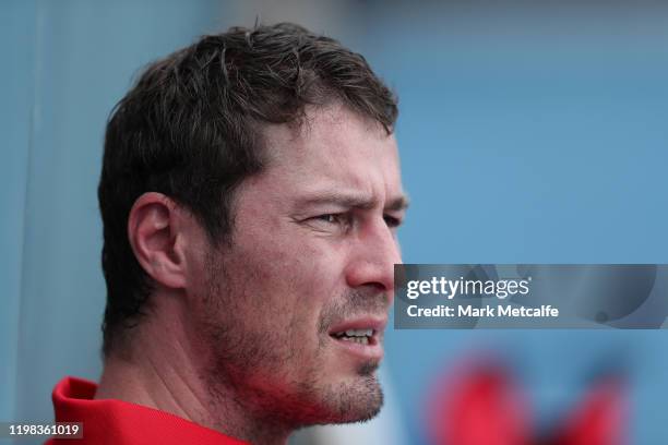 Marat Safin of Team Russia looks on during a practice session during day seven of the 2020 ATP Cup at Ken Rosewall Arena on January 09, 2020 in...