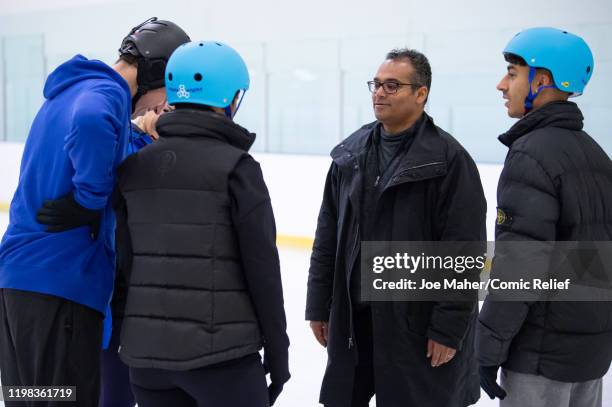 Nick Grimshaw, Elise Christie, Frankie Bridge, Krishnan Guru-Murthy and Karim Zeroual pose as they train on an ice rink for Sport Relief: On Thin...