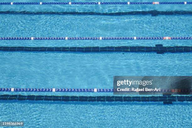 aerial view of empty swimming pool - schwimmwettkampf stock-fotos und bilder