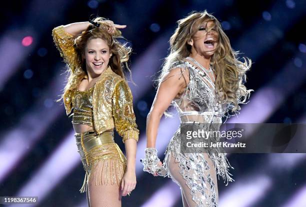 Shakira and Jennifer Lopez performs onstage during the Pepsi Super Bowl LIV Halftime Show at Hard Rock Stadium on February 02, 2020 in Miami, Florida.