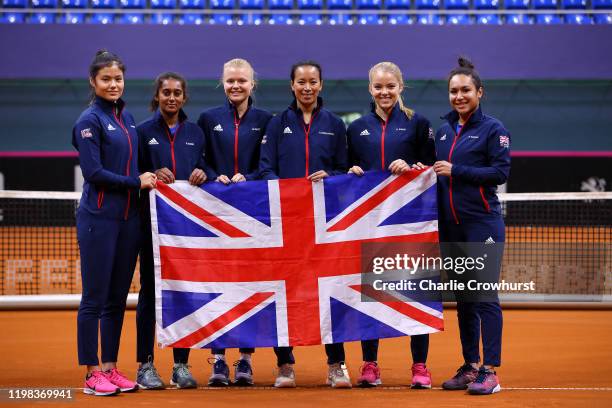 Great Britain team Emma Raducanu, Naiktha Bains, Harriet Dart, Captain Anne Keothavong, Katie Swan and Heather Watson pose for a photo prior to the...