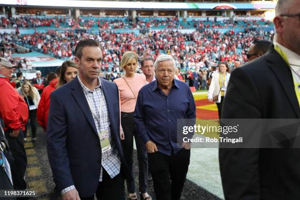 Super Bowl LIV: New England Patriots owner Robert Kraft on field before San Francisco 49ers vs Kansas City Chiefs game at Hard Rock Stadium. Miami...