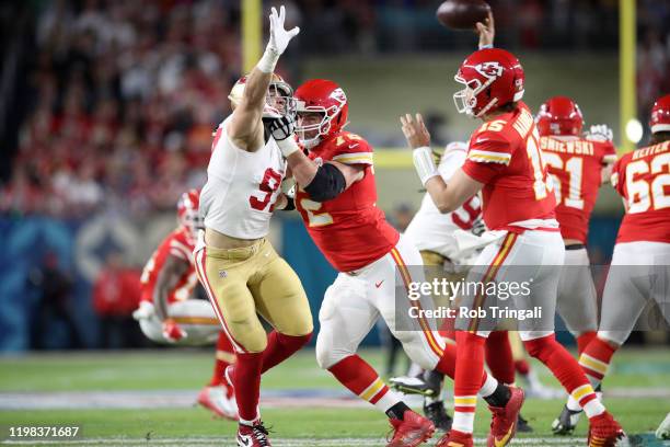 Super Bowl LIV: San Francisco 49ers Nick Bosa in action vs Kansas City Chiefs Eric Fisher and QB Patrick Mahomes at Hard Rock Stadium. Miami Gardens,...