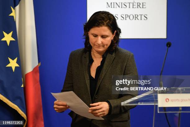 French Sports Minister Roxana Maracineanu leaves after giving a press conference at the Sports ministry in Paris on February 3 following a meeting...