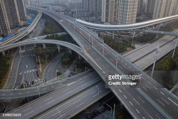 An aerial view of the roads and bridges are seen on February 3, 2020 in Wuhan, Hubei province, China. The number of those who have died from the...