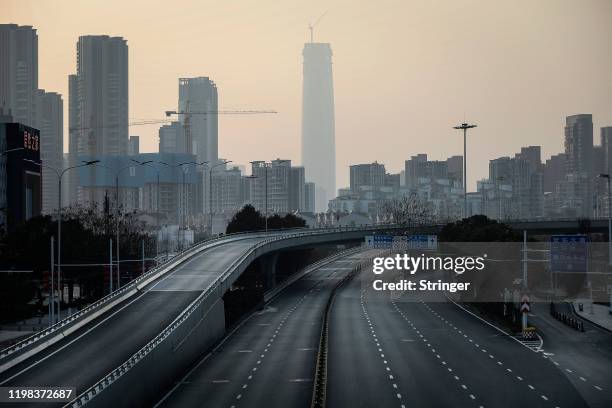 An empty roadway is seen on February 3, 2020 in Wuhan, Hubei province, China. The number of those who have died from the Wuhan coronavirus, known as...