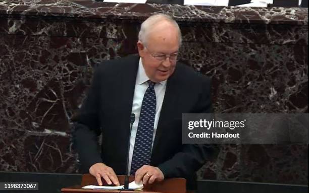 In this screengrab taken from a Senate Television webcast, Legal Counsel for President Donald Trump Ken Starr speaks during impeachment proceedings...