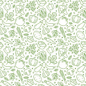 Food background, vegetables seamless pattern. Healthy eating - tomato, garlic, carrot, pepper, broccoli, cucumber line icons. Vegetarian, farm grocery store vector illustration, green white color